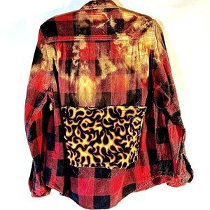 Biker Flames Red Black Watch Plaid Flannel Shirt Lumberjack Medium Skate Punk